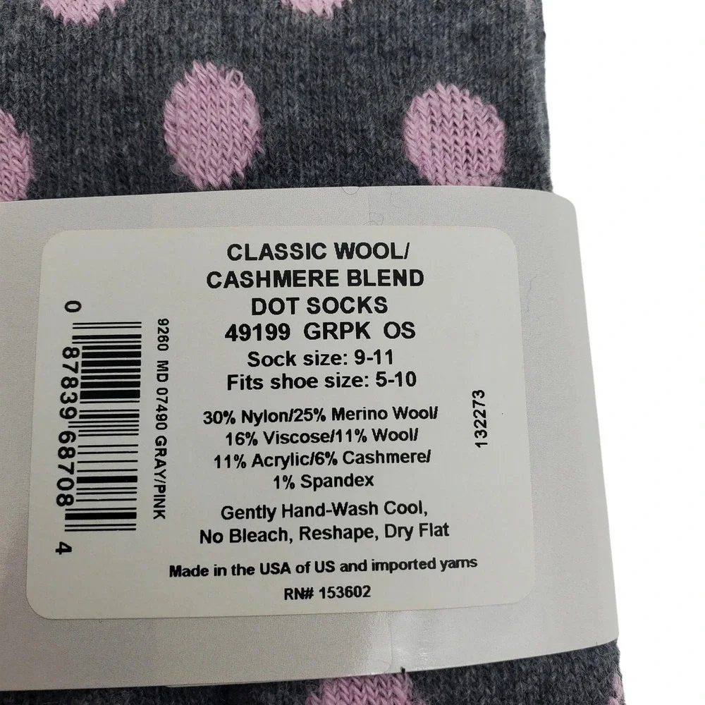 Gray Pink Dot Crew Socks Ladies Medium Garnet Hill Warm Cozy Cashmere Blend Crew